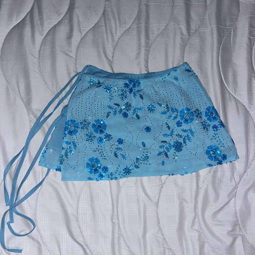 SHEIN Light Blue Sequin Floral Mini Skirt